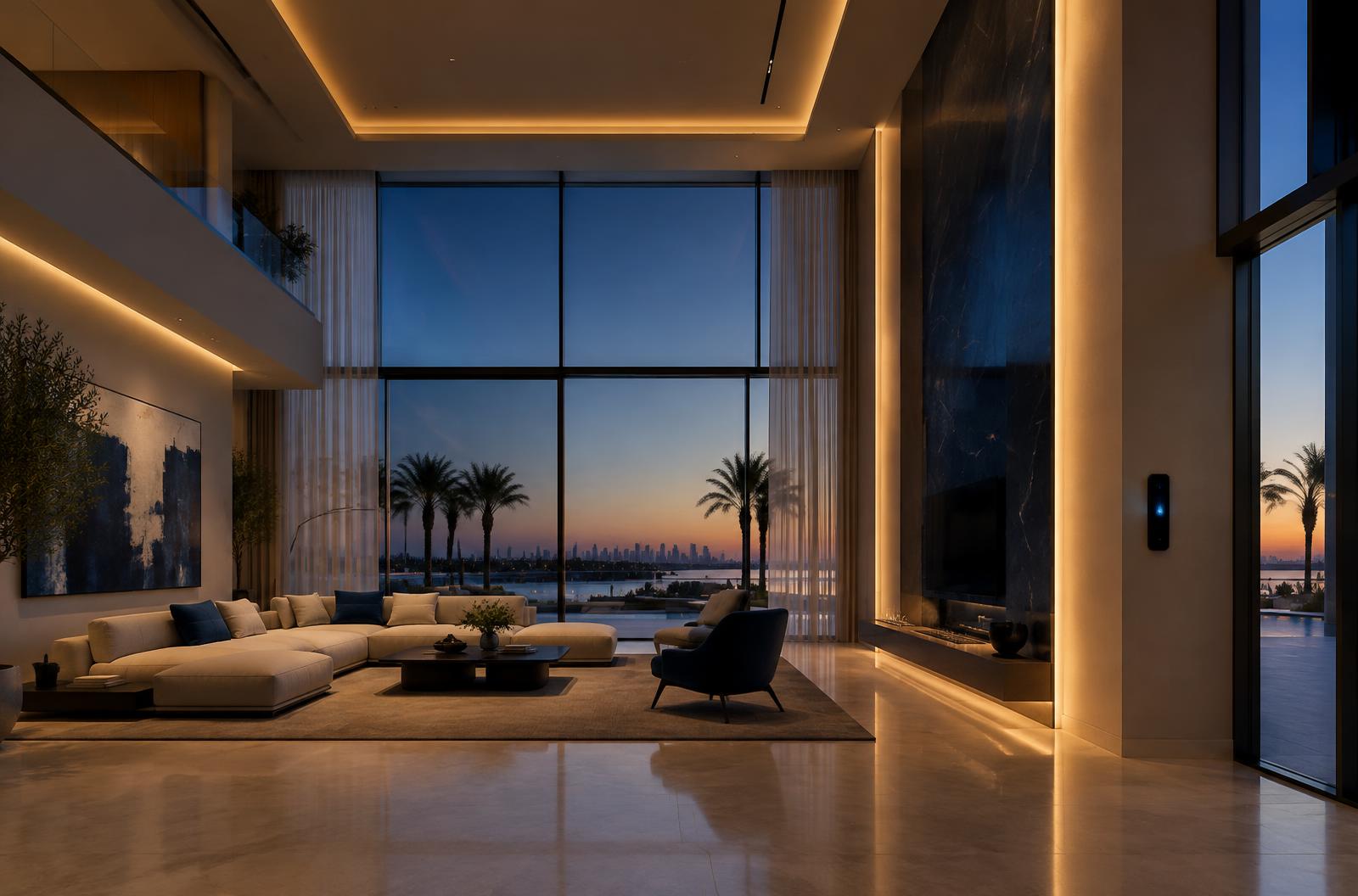 Illustrative modern villa living room at dusk